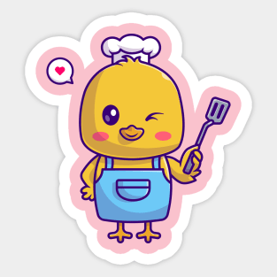 Cute Chef Chick Holding Spatula Cartoon Sticker